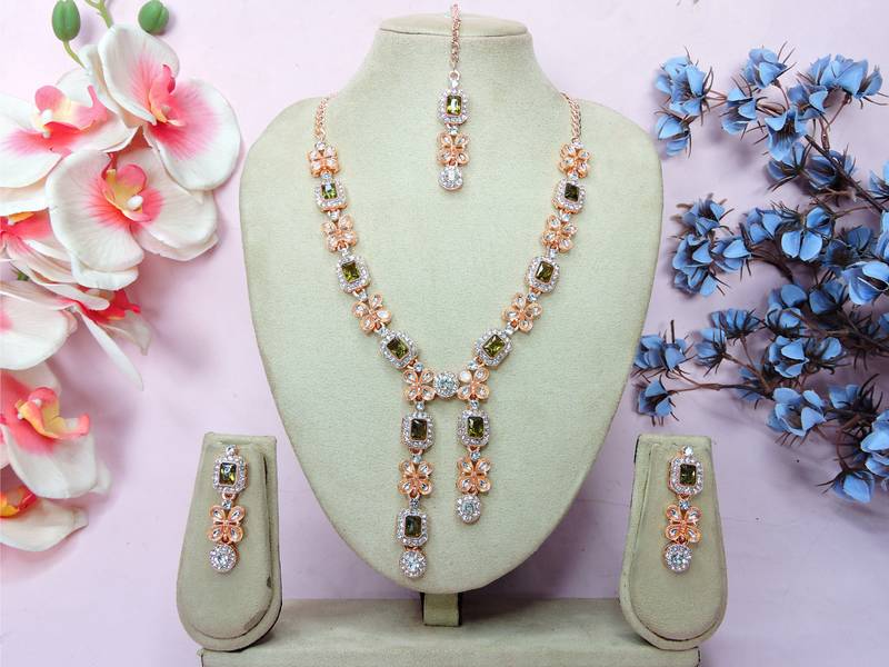 Green rose gold premium designer american diamond and stone work necklace set