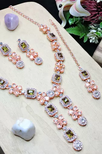 Green rose gold premium designer american diamond and stone work necklace set