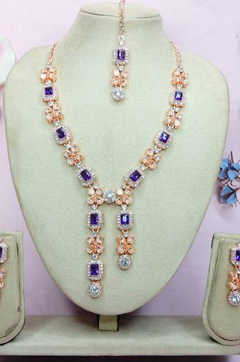 Blue rose gold premium designer american diamond and stone work necklace set