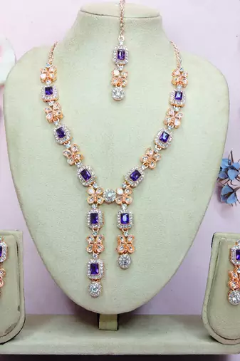 Blue rose gold premium designer american diamond and stone work necklace set