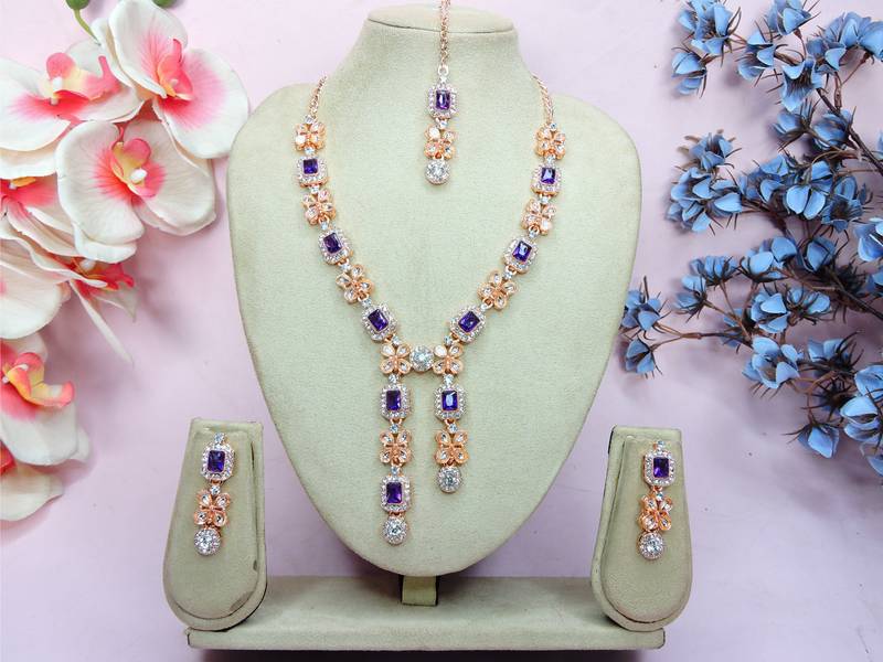 Blue rose gold premium designer american diamond and stone work necklace set