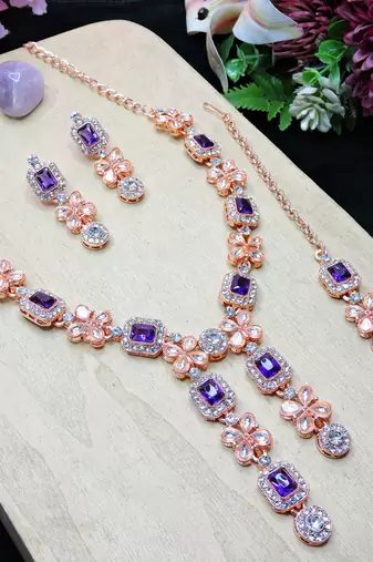 Blue rose gold premium designer american diamond and stone work necklace set