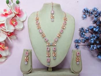 Pink rose gold premium designer american diamond and stone work necklace set 1