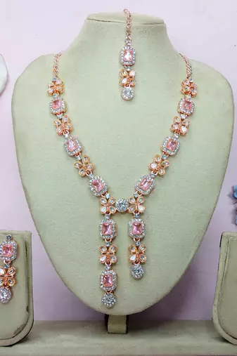 Pink rose gold premium designer american diamond and stone work necklace set