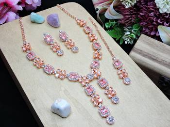 Pink rose gold premium designer american diamond and stone work necklace set 2