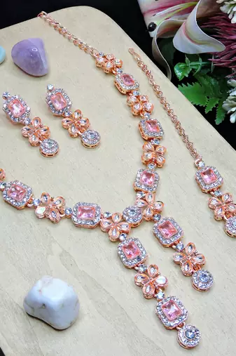 Pink rose gold premium designer american diamond and stone work necklace set
