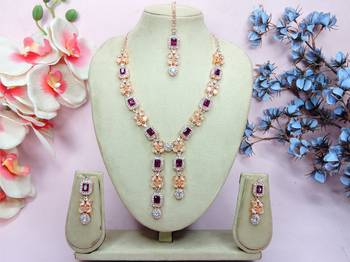 Purple rose gold premium designer american diamond and stone work necklace set 1