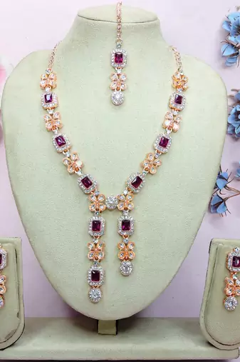 Purple rose gold premium designer american diamond and stone work necklace set