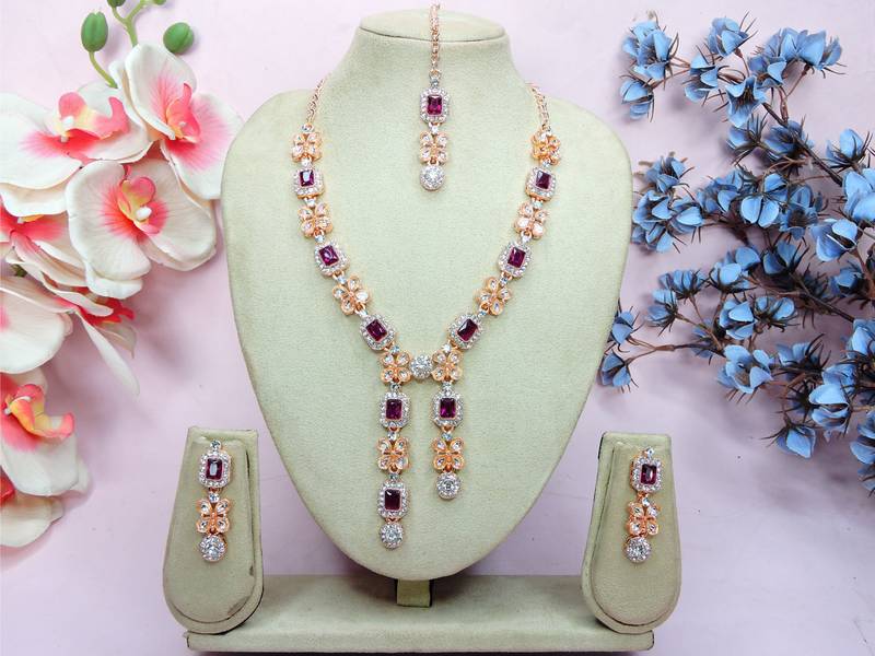 Purple rose gold premium designer american diamond and stone work necklace set