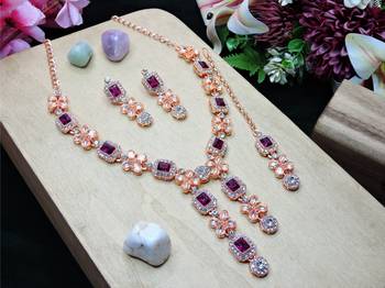 Purple rose gold premium designer american diamond and stone work necklace set 2