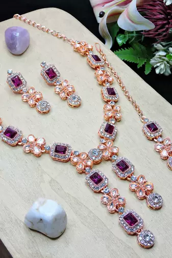 Purple rose gold premium designer american diamond and stone work necklace set