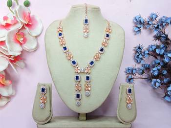 Blue rose gold premium designer american diamond and stone work necklace set 1