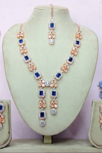 Blue rose gold premium designer american diamond and stone work necklace set