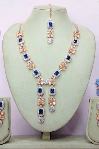 Blue rose gold premium designer american diamond and stone work necklace set