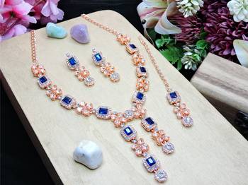 Blue rose gold premium designer american diamond and stone work necklace set 2