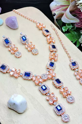 Blue rose gold premium designer american diamond and stone work necklace set
