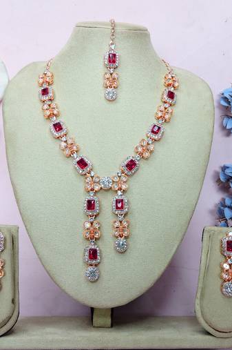 Pink rose gold premium designer american diamond and stone work necklace set
