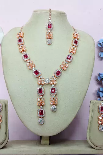 Pink rose gold premium designer american diamond and stone work necklace set