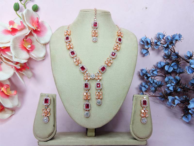 Pink rose gold premium designer american diamond and stone work necklace set