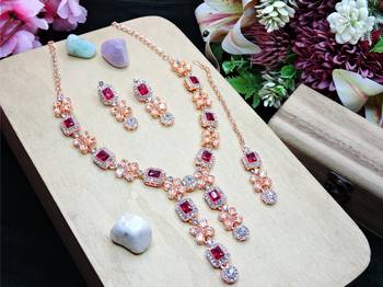 Pink rose gold premium designer american diamond and stone work necklace set 2