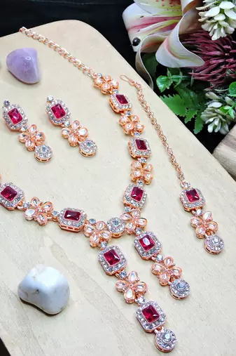 Pink rose gold premium designer american diamond and stone work necklace set