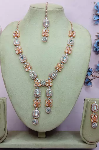 White rose gold premium designer american diamond and stone work necklace set