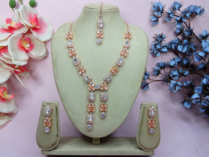 White rose gold premium designer american diamond and stone work necklace set