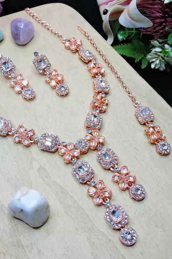 White rose gold premium designer american diamond and stone work necklace set