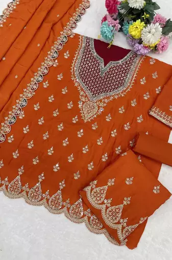 orange embroidered silk blend chiffon salwar suit