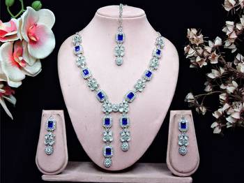 Blue rhodium premium designer american diamond and stone work necklace set 1