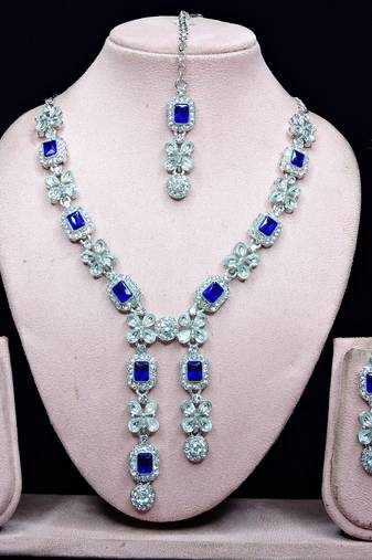 Blue rhodium premium designer american diamond and stone work necklace set