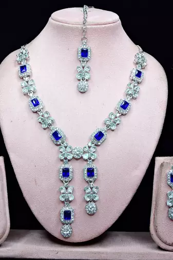 Blue rhodium premium designer american diamond and stone work necklace set