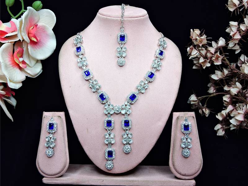 Blue rhodium premium designer american diamond and stone work necklace set