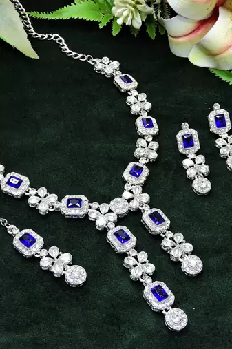 Blue rhodium premium designer american diamond and stone work necklace set
