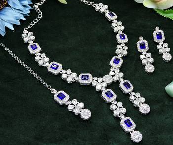 Blue rhodium premium designer american diamond and stone work necklace set 3