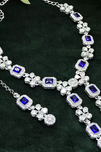 Blue rhodium premium designer american diamond and stone work necklace set
