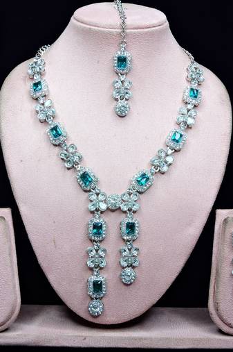 Green rhodium premium designer american diamond and stone work necklace set