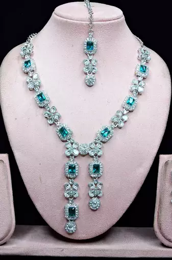 Green rhodium premium designer american diamond and stone work necklace set