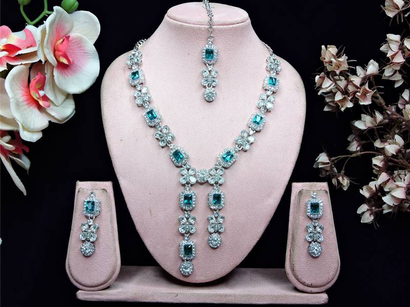 Green rhodium premium designer american diamond and stone work necklace set