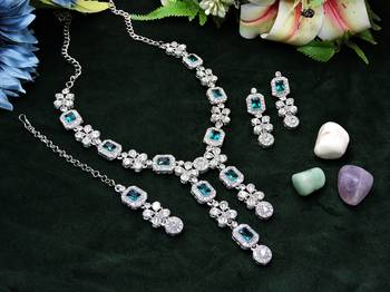 Green rhodium premium designer american diamond and stone work necklace set 2