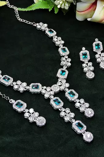Green rhodium premium designer american diamond and stone work necklace set