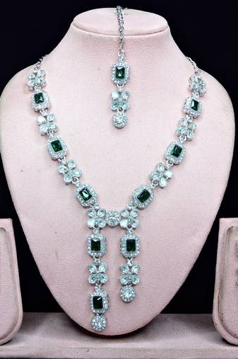 Green rhodium premium designer american diamond and stone work necklace set