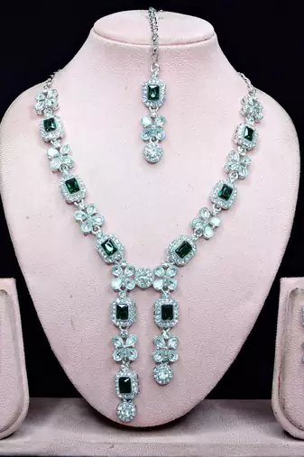 Green rhodium premium designer american diamond and stone work necklace set