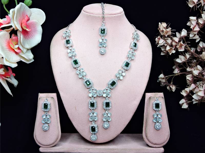 Green rhodium premium designer american diamond and stone work necklace set
