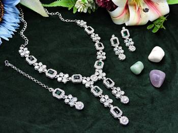 Green rhodium premium designer american diamond and stone work necklace set 2