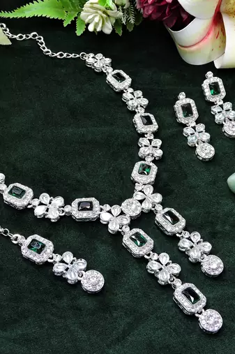 Green rhodium premium designer american diamond and stone work necklace set