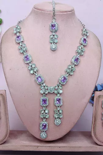 Purple rhodium premium designer american diamond and stone work necklace set