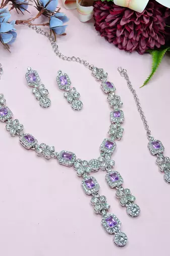 Purple rhodium premium designer american diamond and stone work necklace set