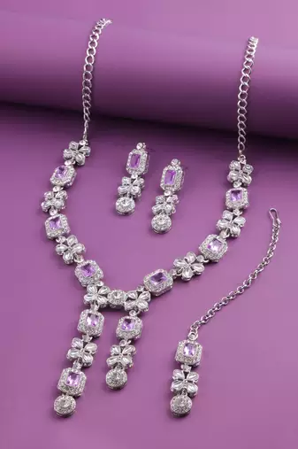 Purple rhodium premium designer american diamond and stone work necklace set