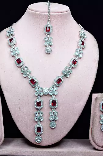 Maroon rhodium premium designer american diamond and stone work necklace set